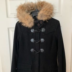 Coyote Fur Trimmed Hooded Black Wool Duffle Coat with Toggles